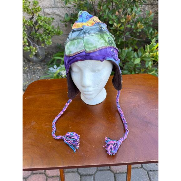 Handmade in Nepal Patchwork Beanie with Earflaps and Pom Poms Multicolor Hippie - Picture 1 of 7